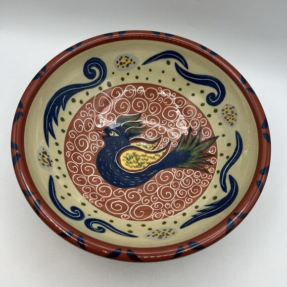 American Folk Art Pottery Serving Bowl Bird Hand Painted McNeil Red Blue 11" - Picture 4 of 9